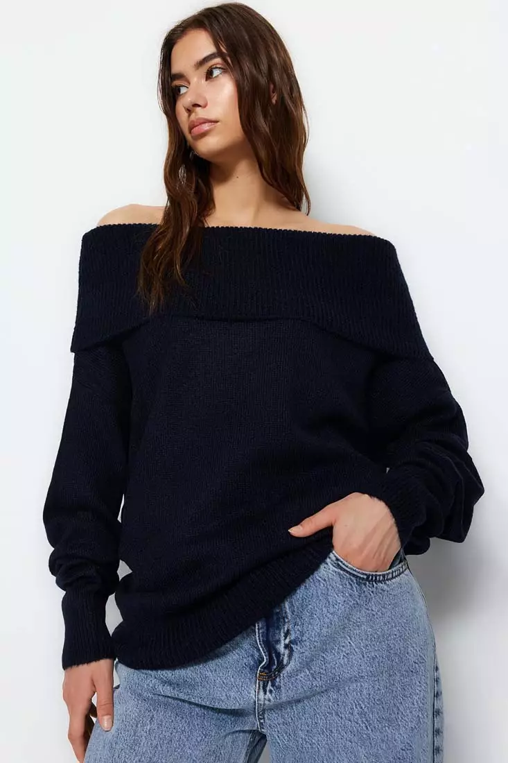 Buy Trendyol Carmen Collar Knit Sweater in Navy Blue 2024 Online