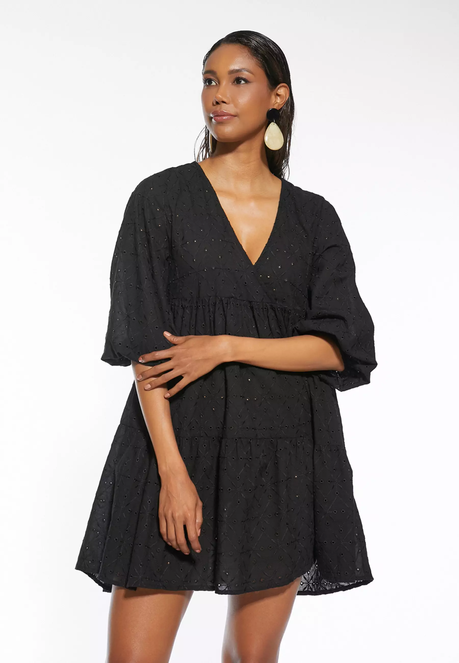 Embroidered Balloon Sleeves V-Neck Mini Beach Dress