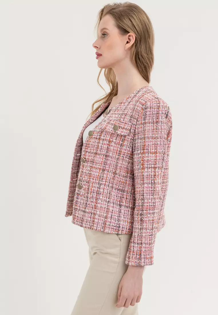 Elegant Collarless Tweed Blazer