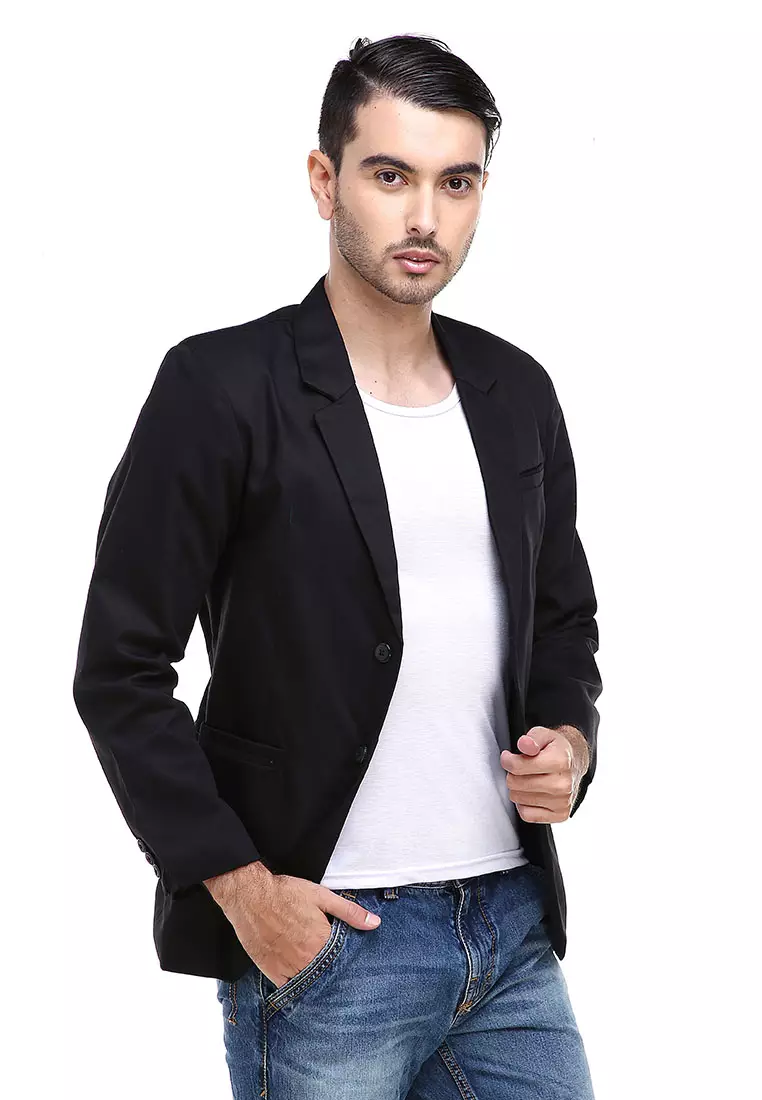 Woreq Suits Jas Blazer Pria Formal Resmi Two Button Model Slimfit Material Drill ORIGINAL - Black