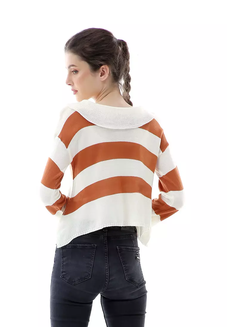 Vilia Rajut Crop Atasan Wanita Oversize Motif Stripe Garis Relaxed Fit - Coral