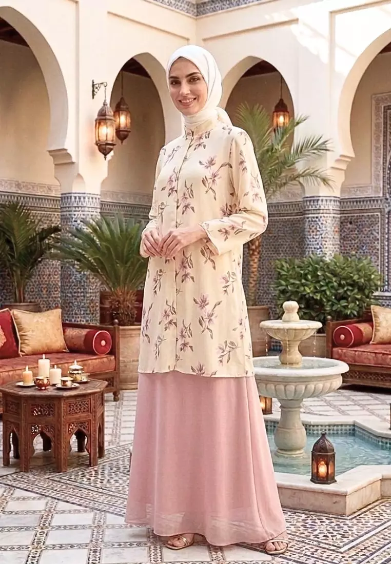 Tunik wanita butter yellow motif bunga elegan lengan 7/8 blouse muslimah premium style turki korean modest fashion By Brilliant Girl Warna KUNING