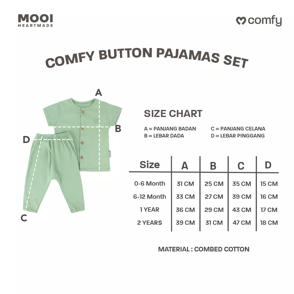 Mooi Setelan Piyama Bayi Comfy Baby Button Pajamas Set - Sage Green