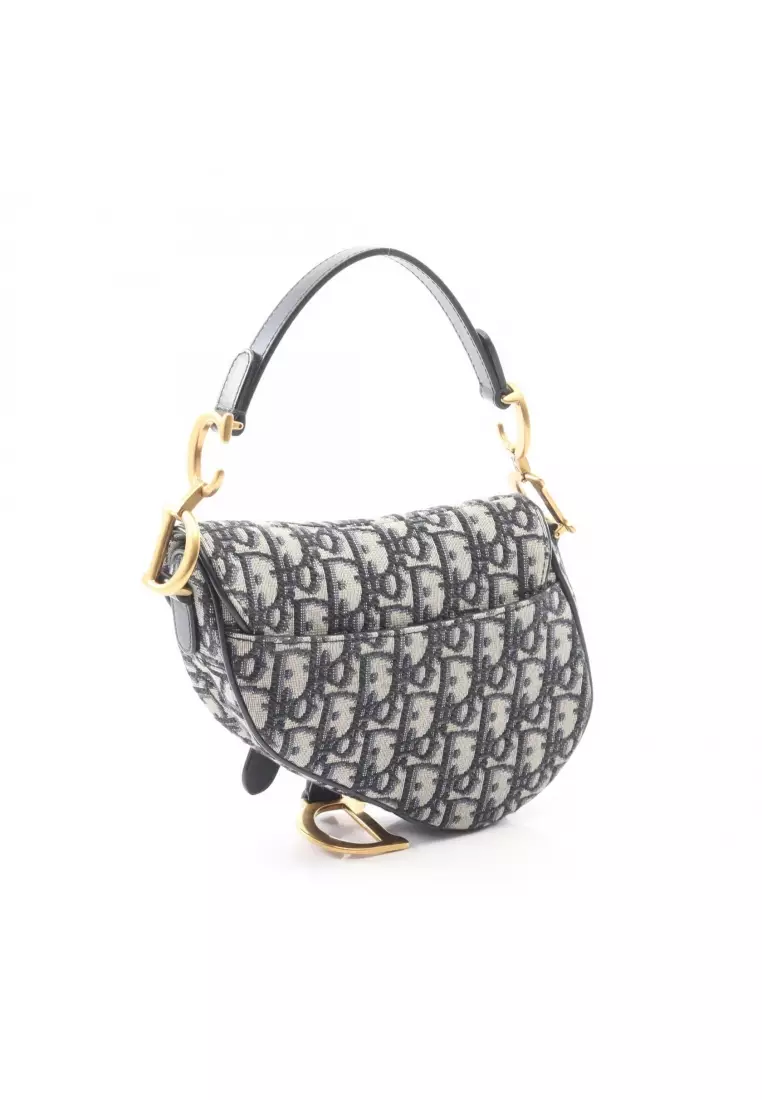 Pre-Loved Christian Dior saddle bag mini oblique jacquard Handbag canvas leather ivory Navy