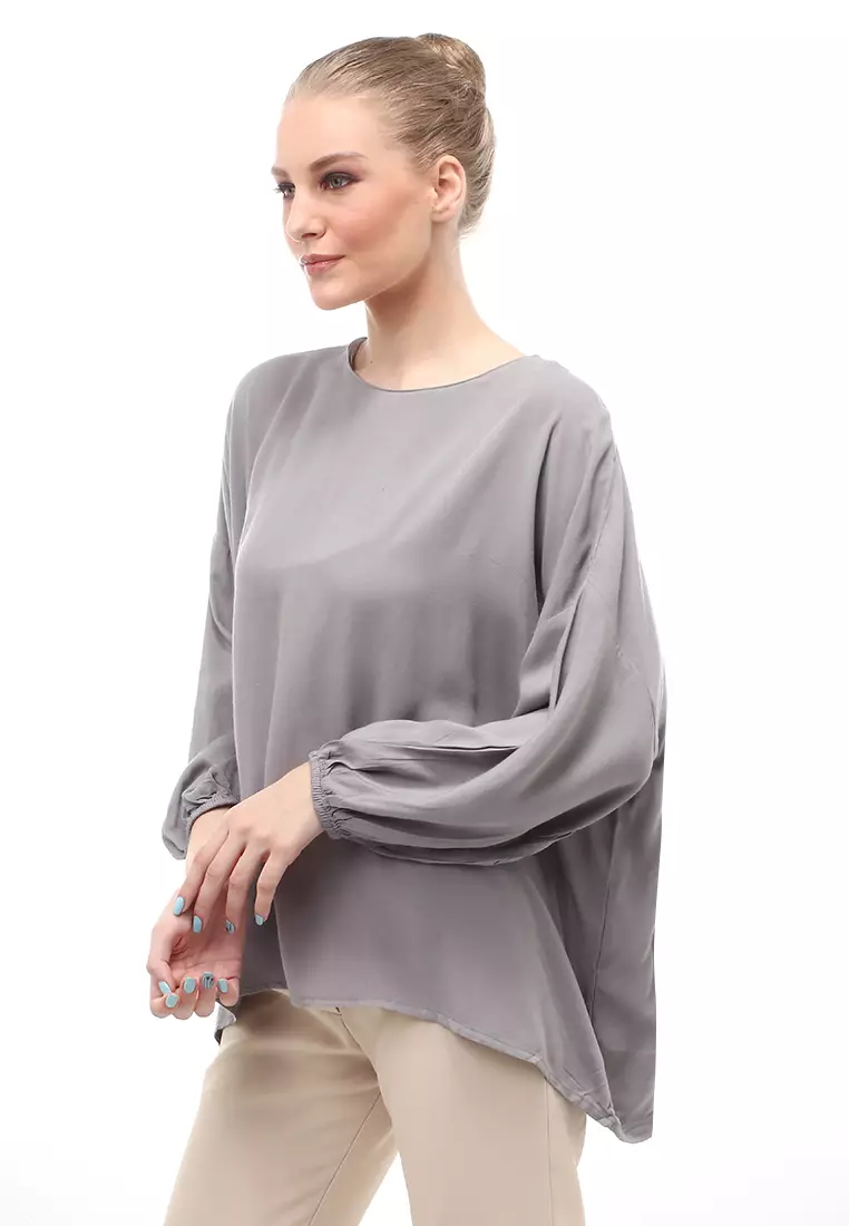 Glory Blouse Oversize Long Sleeves Atasan Wanita Design Simple Motif Polos Relaxed Fit - Grey