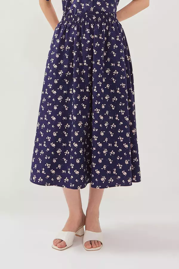 Minimal - Olivia - Rok Midi Motif Bunga - Blue Warna Blue