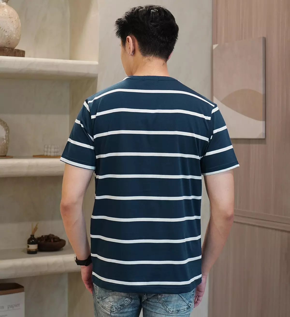 Matsuda T Shirt Pria Kaos Stripe Essence Baju Katun Garis Blue Teal