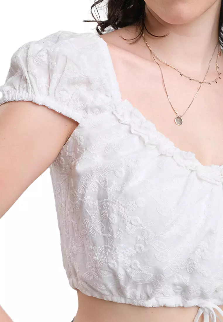 Embroidered Cotton Cropped Blouse With Puff Sleeves