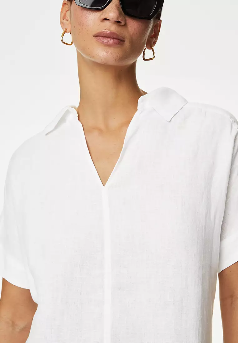 Pure Linen Collared Popover Blouse