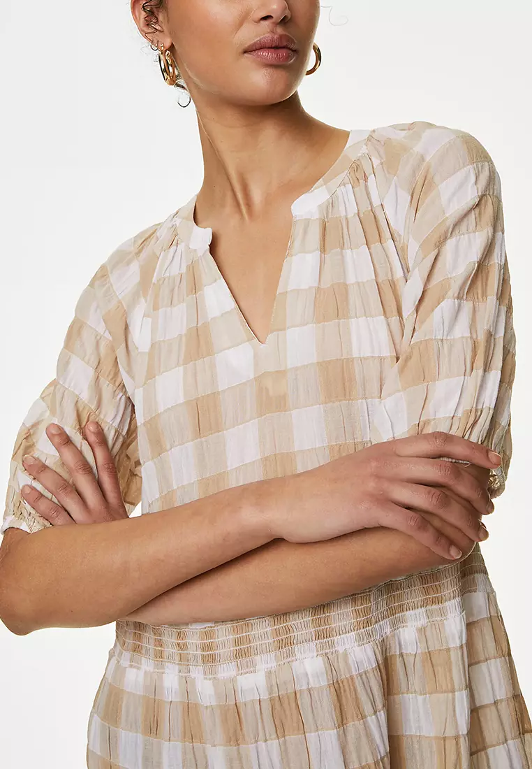 Cotton Rich Checked Mini Tiered Dress
