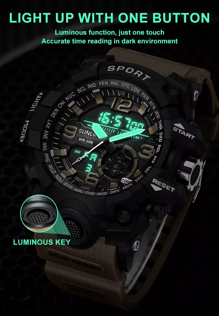 Jam Tangan Pria D002 Original Olahraga Jam Digital Multifungsi Tali Silikon Jam Tangan Cowok Khaki