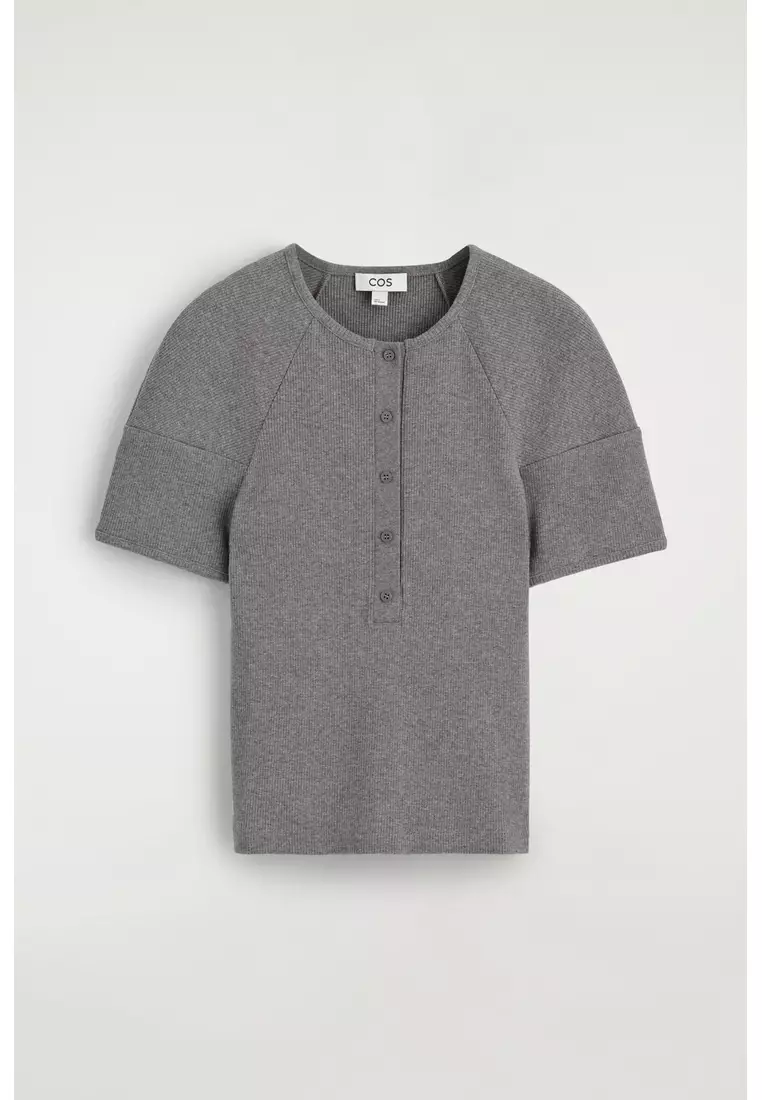 ROUNDED RIBBED JERSEY HENLEY TOP