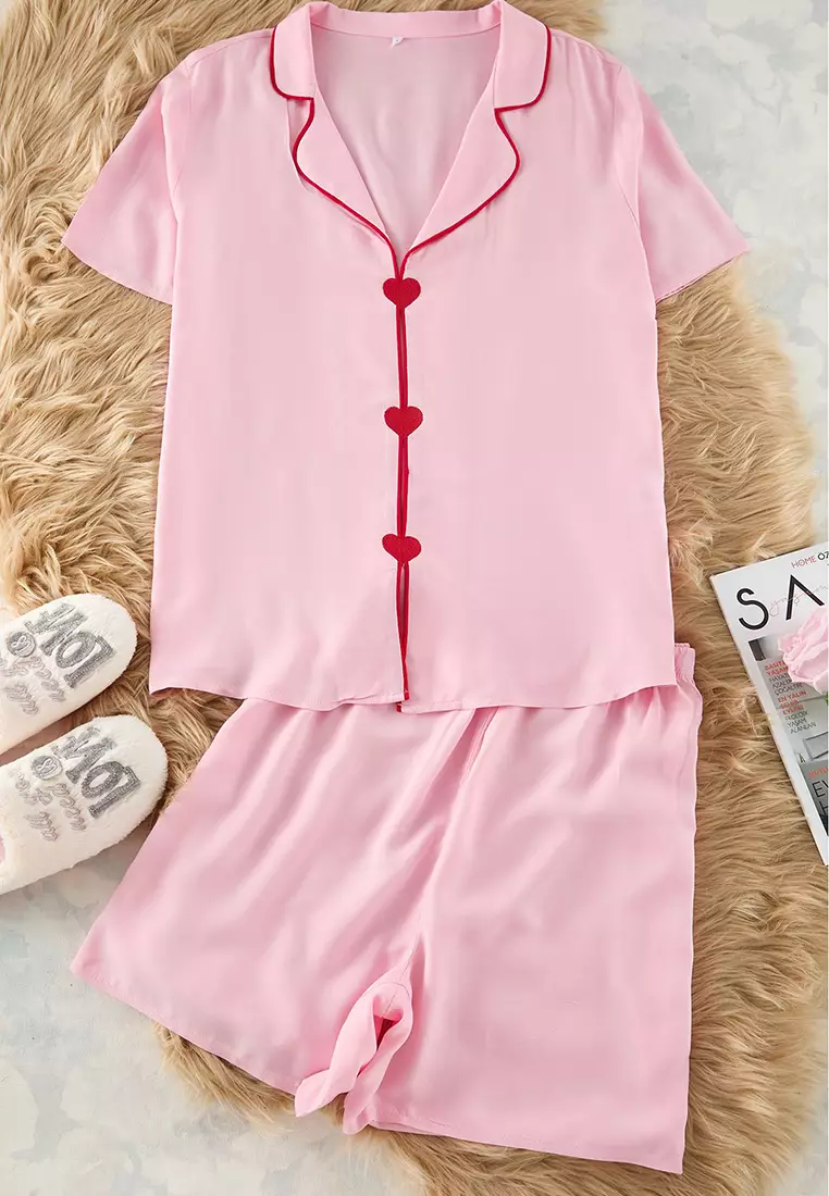 Pink Heart Embroidery and Piping Detail Viscose Woven Pajama Set TBBSS25AI00015