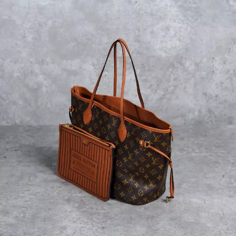 Tas LOUIS VUITTON LV NEVERFULL INSIDE OUT MM TAN BROWN LEATHER REVERSIBLE TOTE BAG 100% ORIGINAL