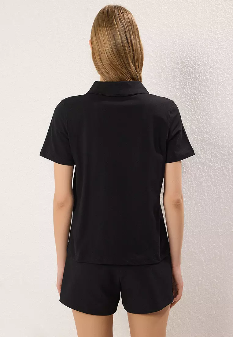 Black Polo Collar with Stone Detail Regular Pattern Knitted T-Shirt TWOSS25TS00052