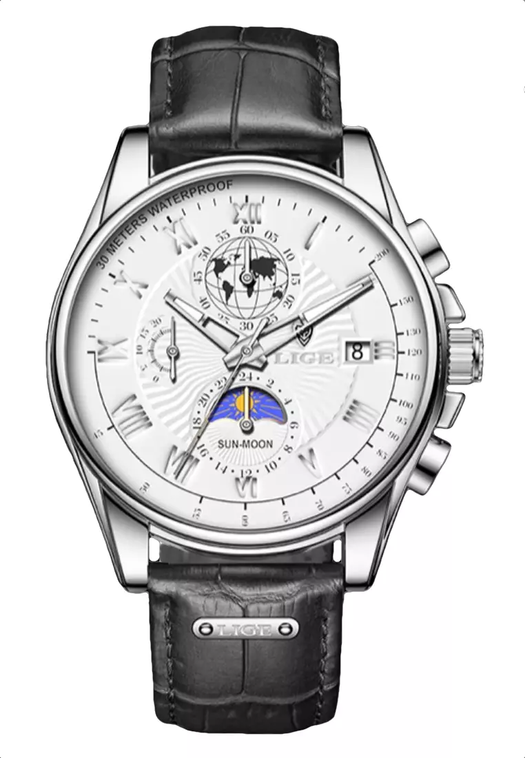 LIGE Chronograph Unisex 42mm Stainless Steel Quartz Watch White Dial on Leather Strap