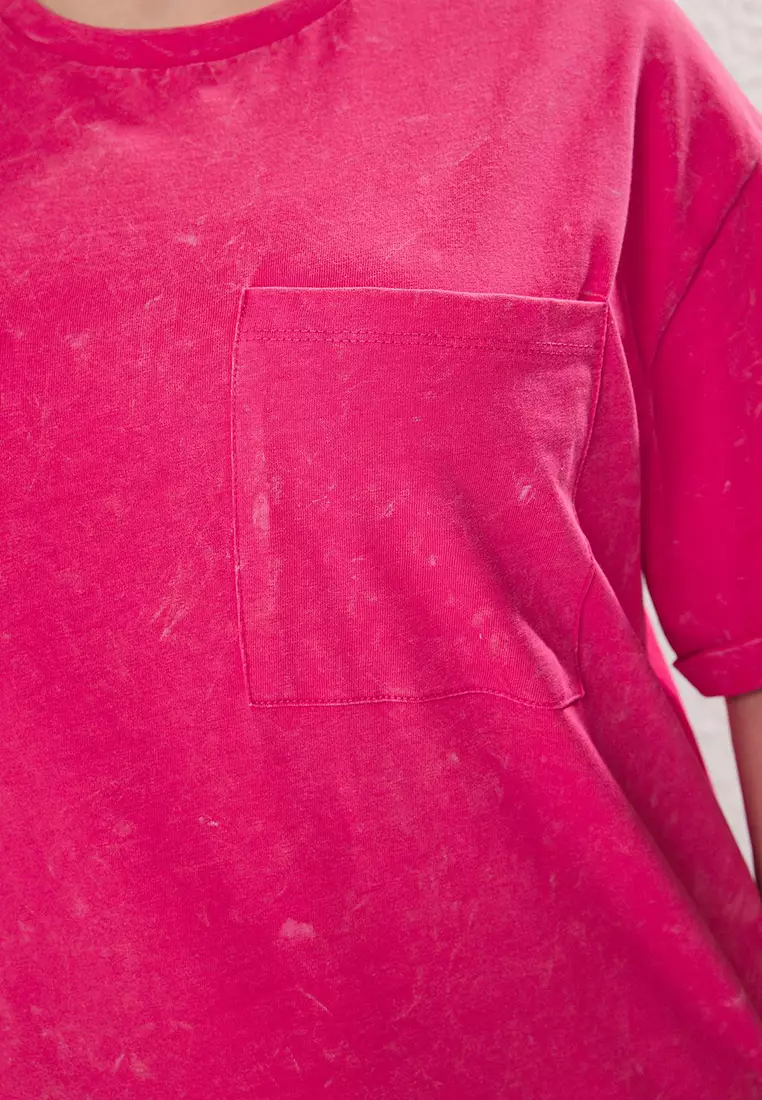 Pink Crew Neck Washed Knit Plus Size T-Shirt Dress Tbbss25Ah00007