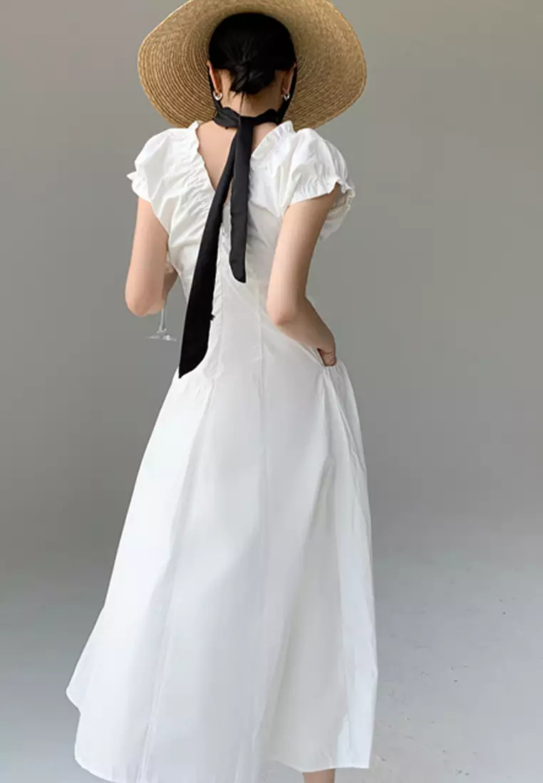 2025夏季法式v領泡泡袖連衣裙CA25061714W