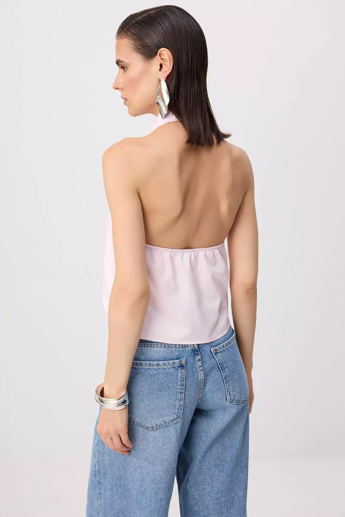 Light Pink Plain Halter Neck Sleeveless Satin Satin Party Blouse Tpraw26Bz00003