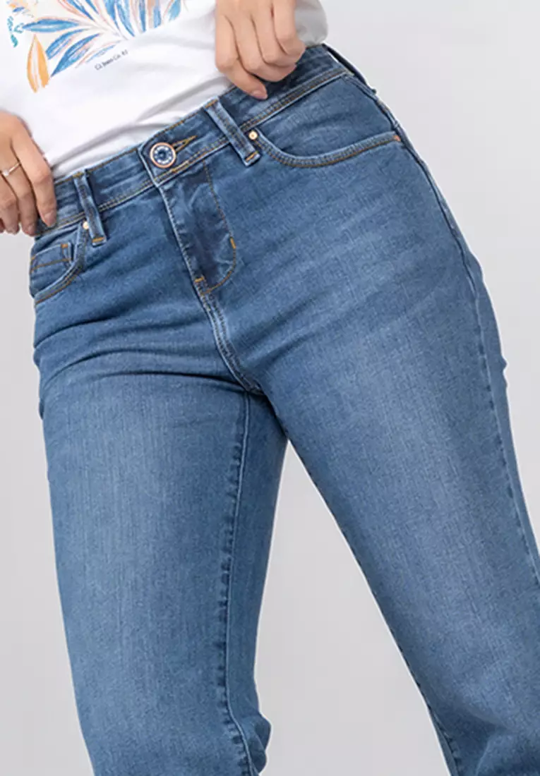 C2 Zoviel Blue Dual Push Bootcut Highwaist Jeans Wanita
