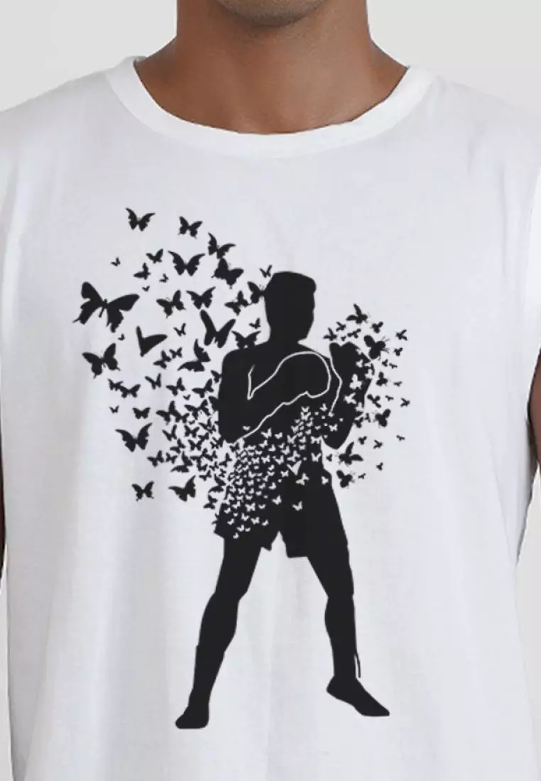 Boxing Print Graphic White Cotton Sleeveless Workout/Training Tank