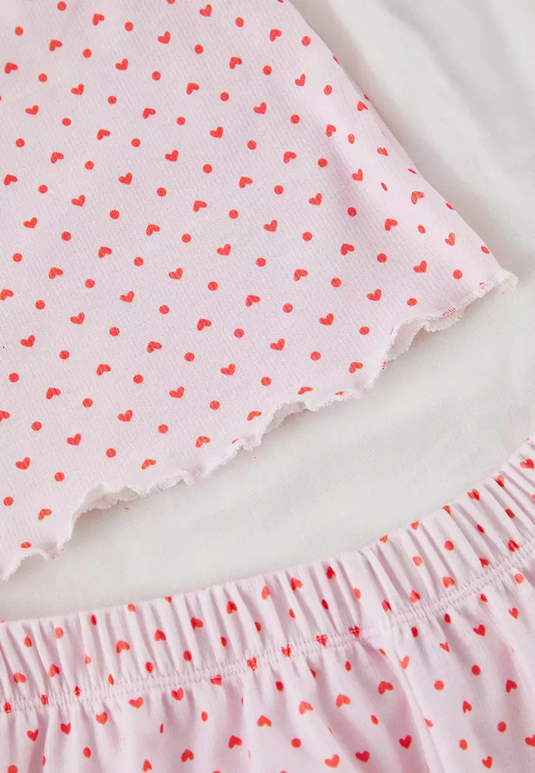 Pink 3-Piece Heart and Polka Dot Ribbed Shorts Knitted Pajama Set THMSS25PT00003
