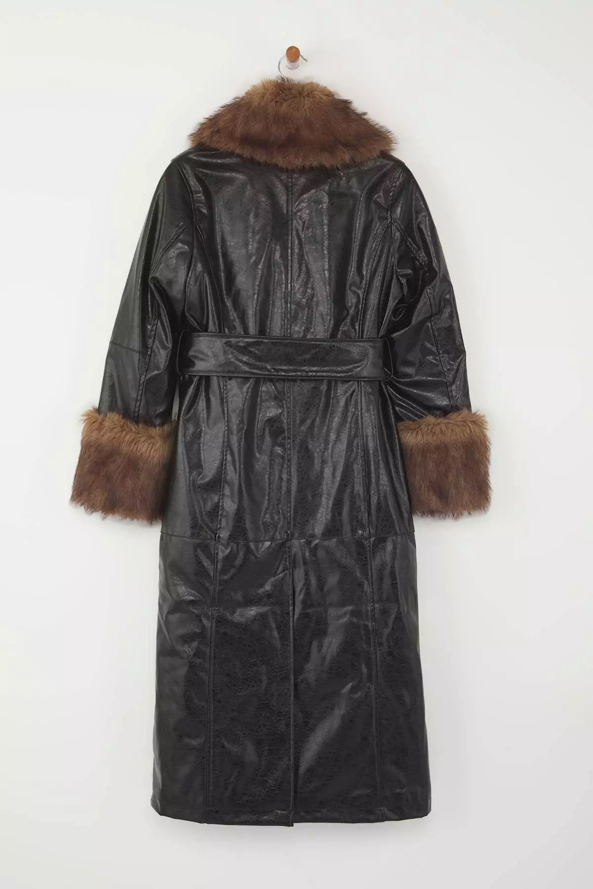 Special Collection Black Faux Leather Fur Detailed Mono Closure Oversize Long Coat