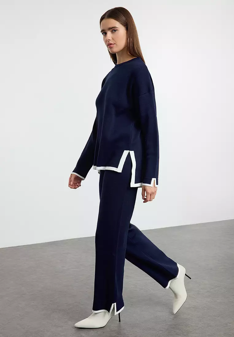 Navy Blue Wide Cut Contrast Color Knitwear Bottom-Top Set TWOAW24AU00062
