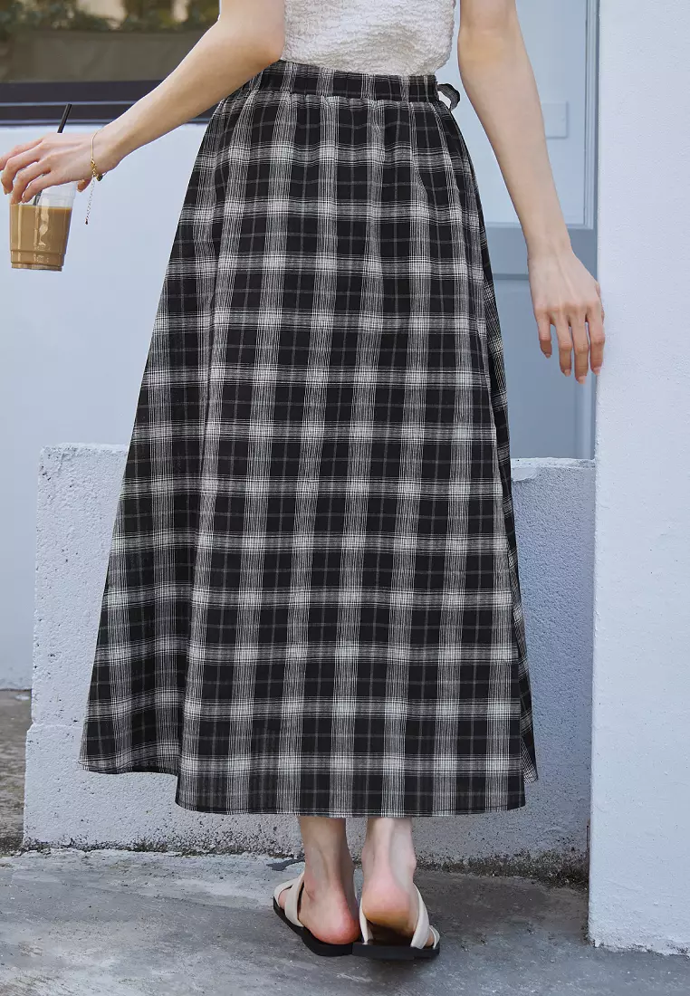 Plaid Elasticated Tie Maxi Skirt with Slit [BA8026]