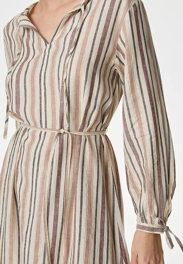 Linen Blend Striped Midi Shift Dress