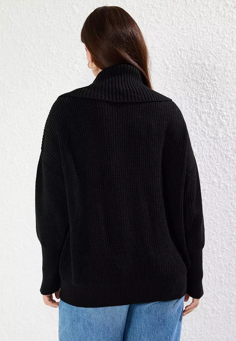 Black Turn-Down Collar Zippered Crop Knitwear Cardigan Tbbaw25Av00009