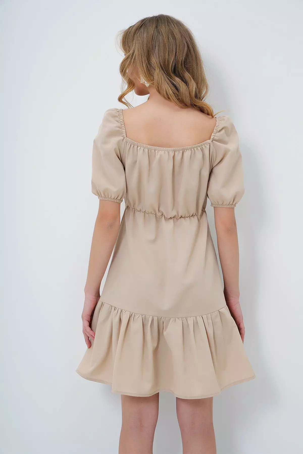 Women's Beige Square Neck Balloon Sleeve Poplin Mini Dress