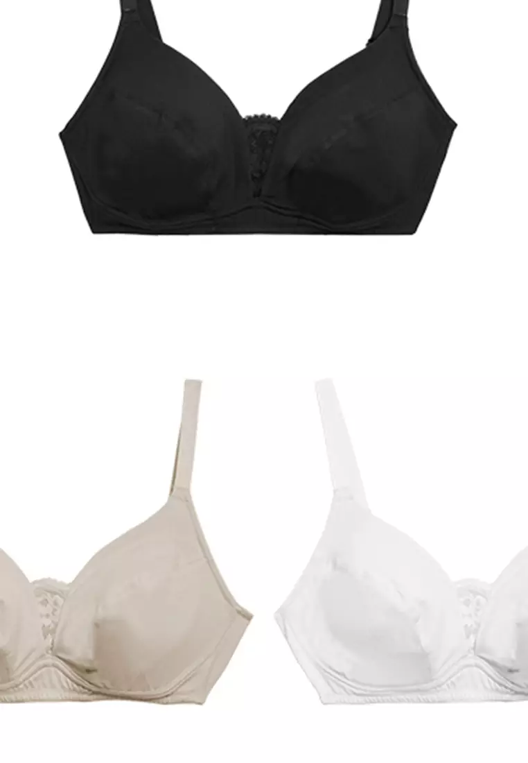 MARKS & SPENCER M&S 3pk Cotton & Lace Non Wired Full Cup Bras A-E