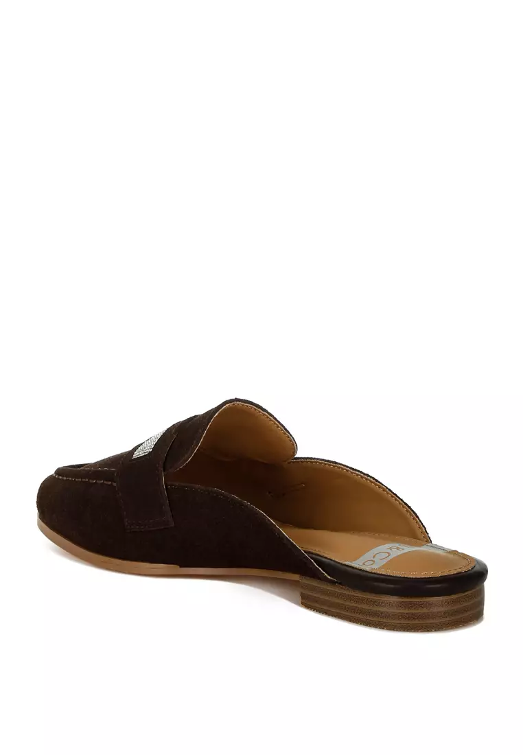 Rhinestone Strap Suede Mules in Brown