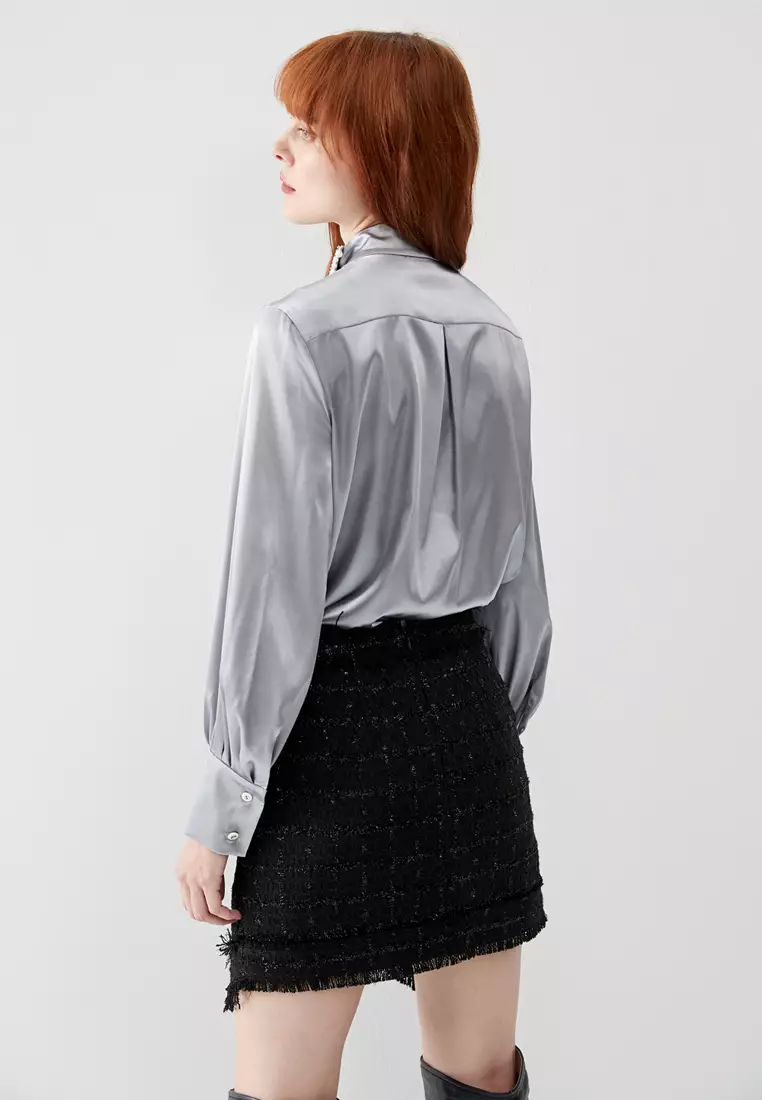 Grey Satin Blouse With Pearl Collar Detail