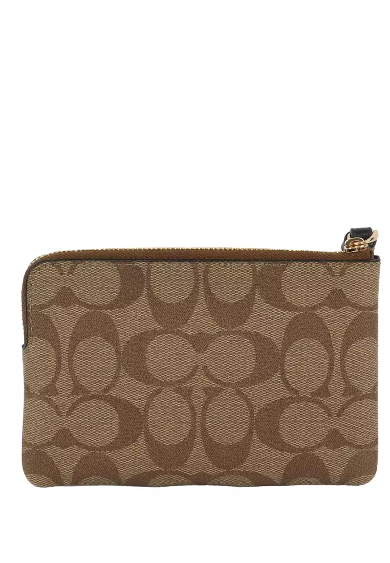 Corner Zip Wristlet in Signature Canvas - Khaki/Black