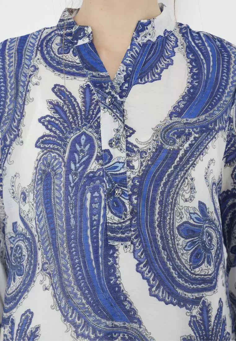 Tunic Silky Blue Paisley Etnik V Neck Long Sleeve Casual By Brilliant Girl Warna Biru Paisley