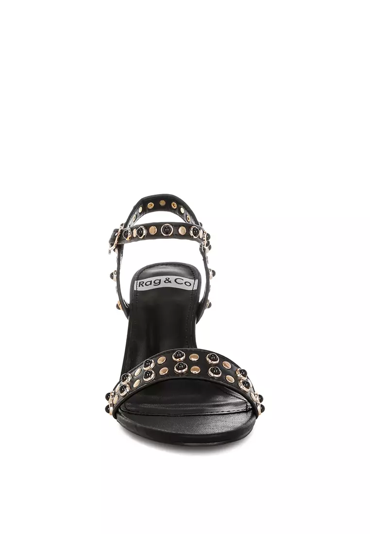 黑色鉚釘真皮小跟涼鞋