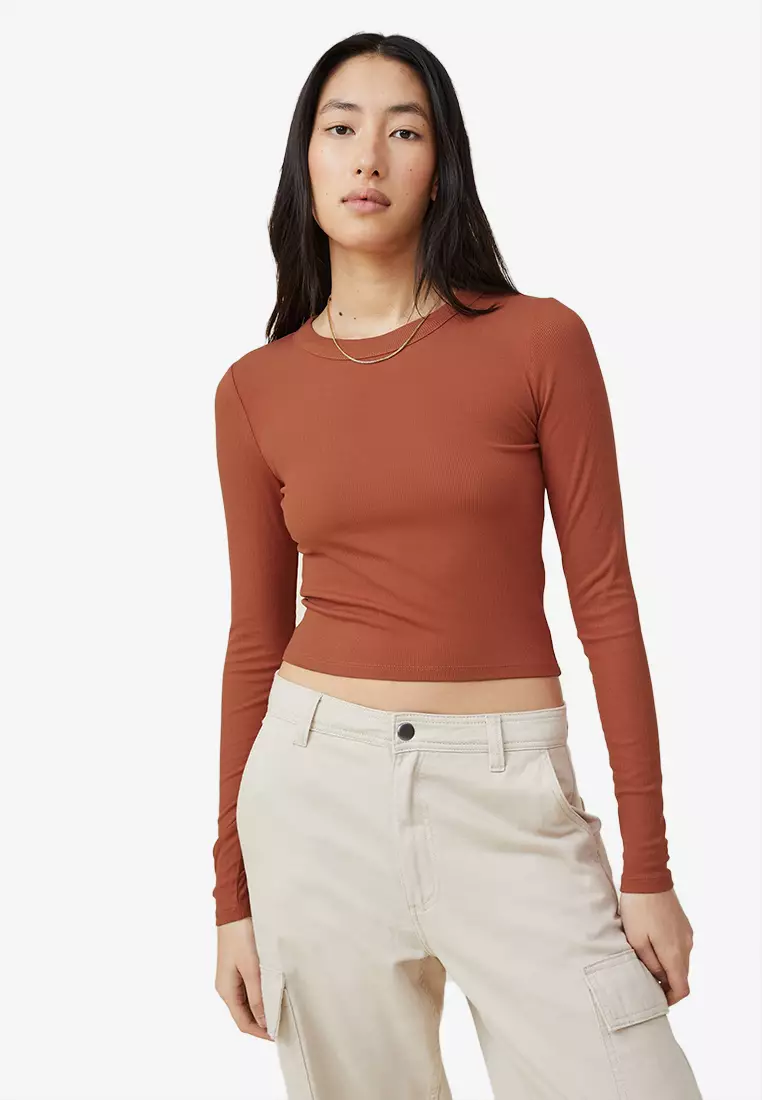 Women Orange Rib Round Neck Full Sleeves Crop Sweater