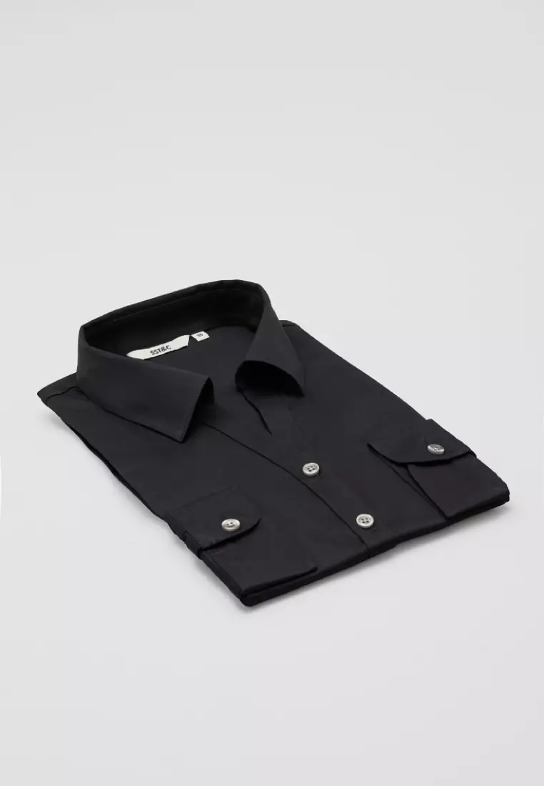 黑色V領修身版長袖襯衫