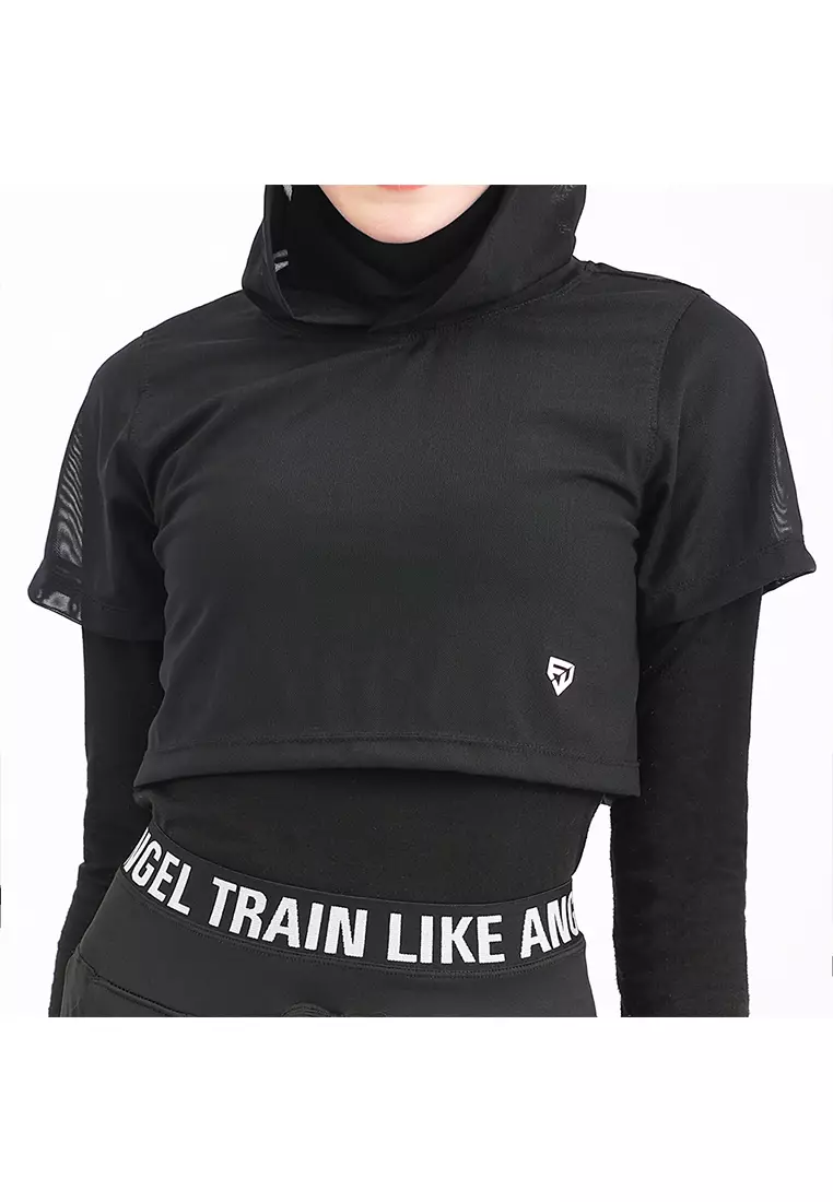 Fitwear - Croptop Jaring / Mesh / Sheer Olahraga RACHEL HOODIE SS - BLACK
