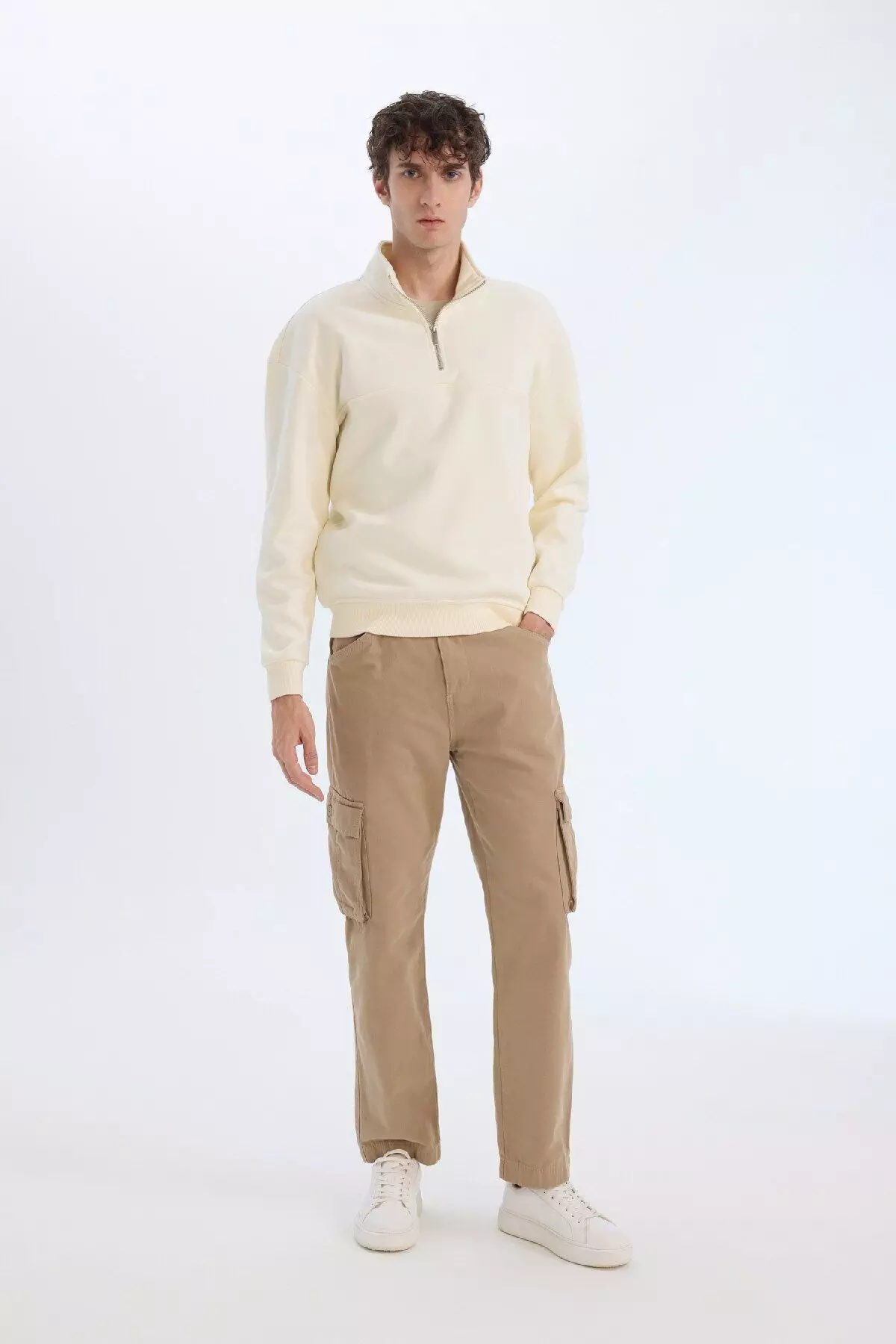 Relax Fit Stand Collar Zippered Basic Plain Thick Sweatshirt