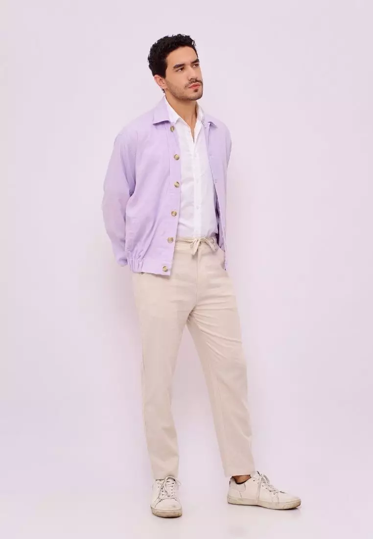 Aneto Jaket Bomber Pria Linen Warna Ungu Muda | Linen Bomber Jacket Men Lilac