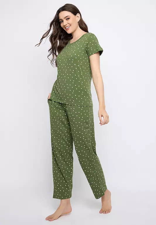 Clovia Polka Print Top & Pyjama Set in Sage Green - 100% Cotton