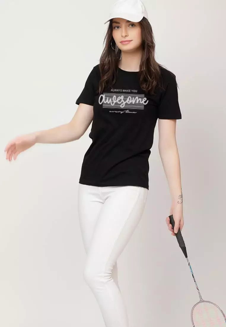 Always Awesome Relaxed Short Sleeve Stylish Black Cotton Casual Graphic Print Tee/TShirt
