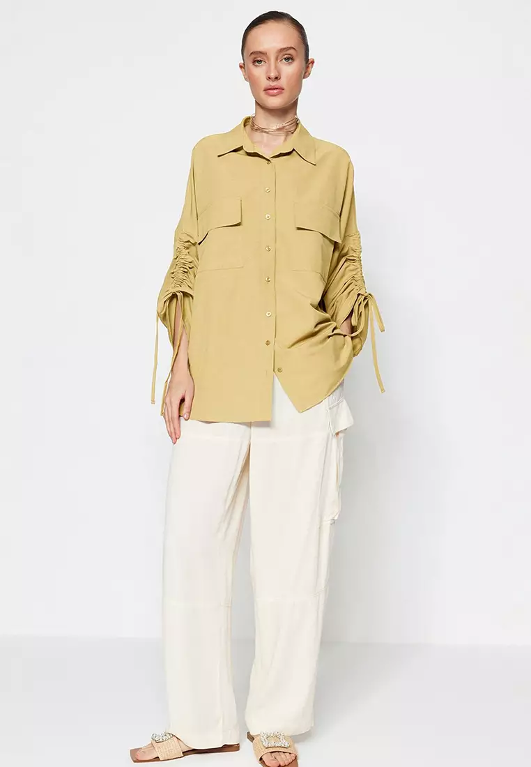 Light Yellow Sleeves with Adjustable Gathering Detail Woven Cotton Shirt TCTSS23TG00011