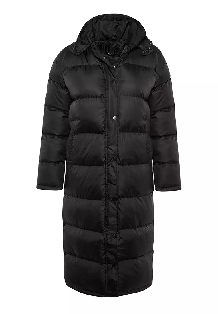 Black Hooded Water Repellent Long Puffer Jacket Twoaw23Mo00154