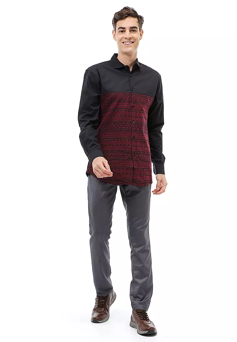 Dwan Atasan Kasual Kemeja Pria Lengan Panjang Kombinasi Warna Material Cotton ORIGINAL - Black