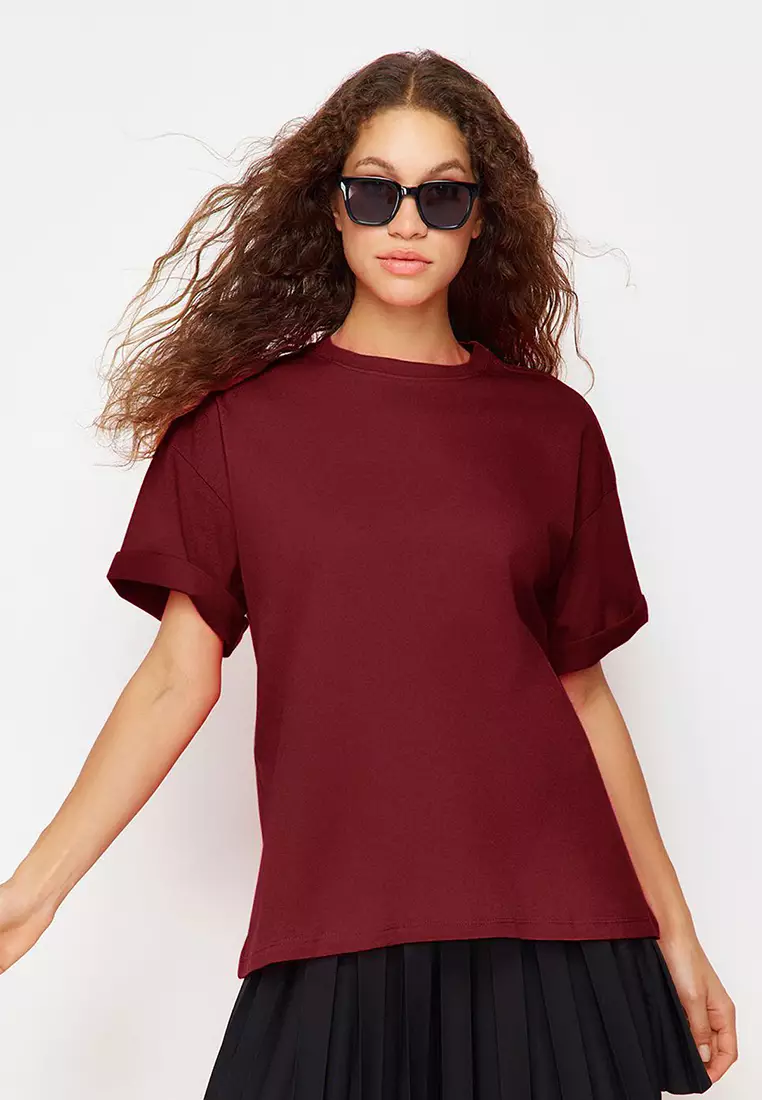 Claret Red 100% Cotton Premium Oversize/Wide Pattern Crew Neck Knitted T-Shirt TWOSS23TS00040