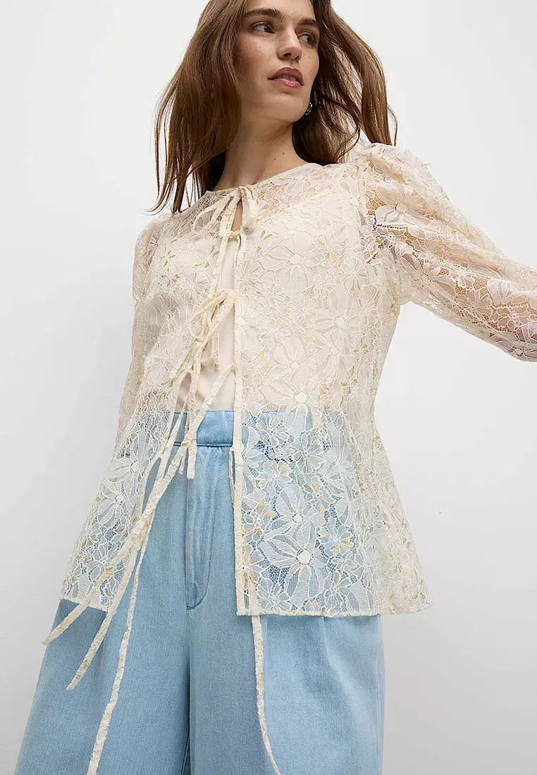 Lace Round Neck Tie Front Blouse